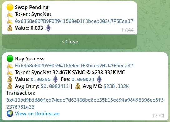 Banana Gun bot receipt for our first buy: Swap Pending, then Buy Success, SyncNet 32.467K SYNC, value 0.00296 ETH, fee 0.000028 ETH, average entry $0.0002413, transaction hash and Robinscan link