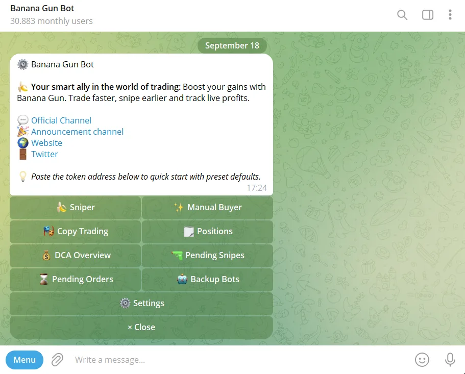 Banana Gun bot main menu on Telegram: Sniper, Manual Buyer, Copy Trading, Positions, DCA Overview, Pending Snipes, Pending Orders, Backup Bots, Settings; header shows 30,883 monthly users