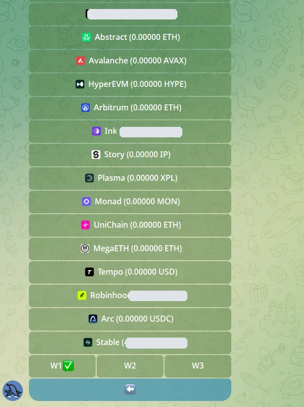 BasedBot bridge source chain selection listing all 19 chains with balances