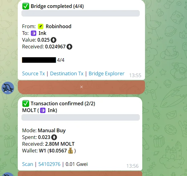 BasedBot bridge completed from Robinhood to Ink followed one minute later by a confirmed manual buy on Ink