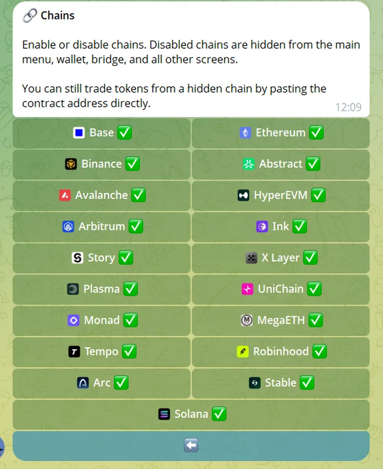 BasedBot chain selection screen inside Telegram showing 19 enabled chains including Stable, Robinhood and Arc