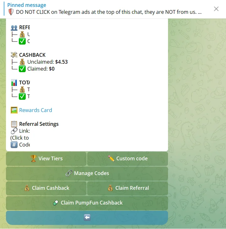 BasedBot Rewards Hub inside Telegram showing unclaimed and claimed cashback, plus Claim Cashback, Claim Referral and Claim PumpFun Cashback buttons