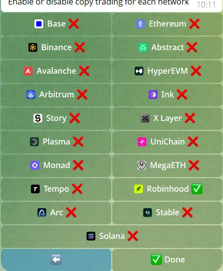 BasedBot Social Copytrading Enable/Disable screen: 19 chains listed, all crossed out except Robinhood which is ticked