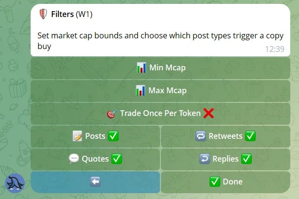 BasedBot Social Copytrading filters: min and max market cap, trade once per token, and post types Posts Retweets Quotes Replies all enabled by default