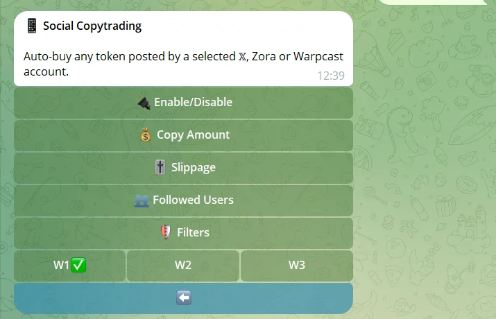 BasedBot Social Copytrading menu: auto-buy any token posted by a selected X, Zora or Warpcast account, with Enable/Disable, Copy Amount, Slippage, Followed Users and Filters