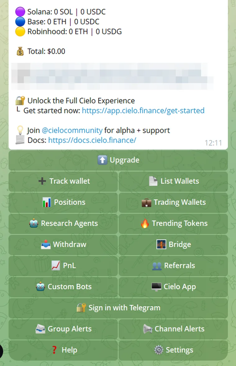 Cielo Telegram bot main menu with Track wallet, Positions, Trending Tokens and a trading wallet covering Solana, Base and Robinhood Chain