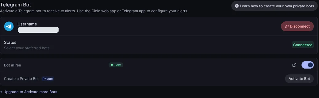 Cielo web app Alerts settings showing the Telegram Bot connection: username connected, Bot Free toggle on, and the open icon that launches your personal bot