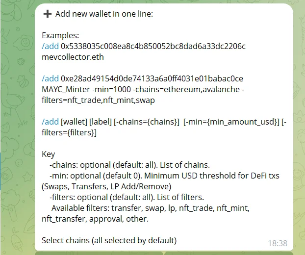 Cielo add command syntax with label, minimum USD, chains and filters flags, with two official examples