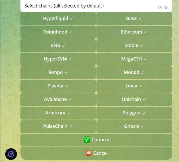Cielo chain selection screen listing 18 chains including Hyperliquid, Stable, MegaETH, Tempo and Monad, all selected by default