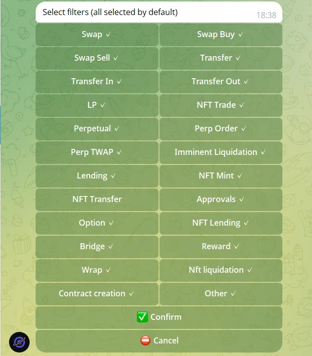 Cielo filter selection screen with 23 event types including swaps, transfers, LP, NFT trades, perpetuals, imminent liquidation and bridge