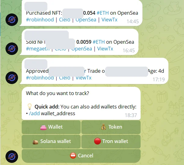 Cielo Free Bot asking what do you want to track, with Wallet, Token, Solana wallet and Tron wallet buttons, above examples of the alerts it sends