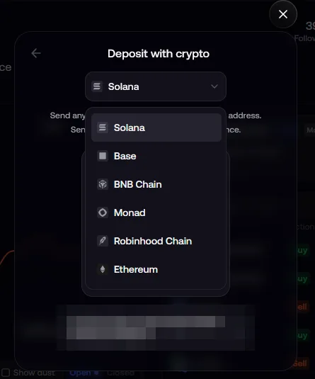FOMO deposit screen listing six chains: Solana, Base, BNB Chain, Monad, Robinhood Chain and Ethereum