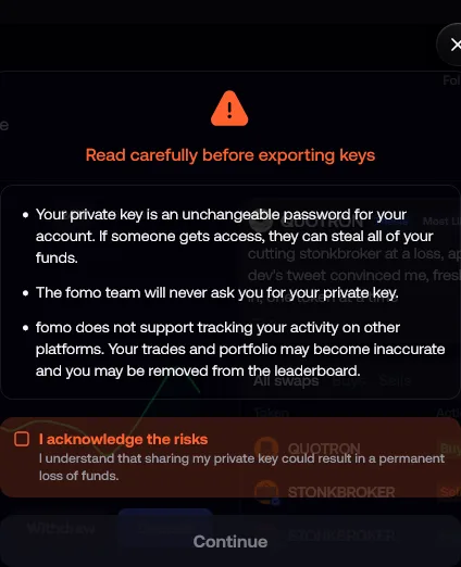 FOMO app warning screen shown before exporting your private key, listing the risks and requiring acknowledgment