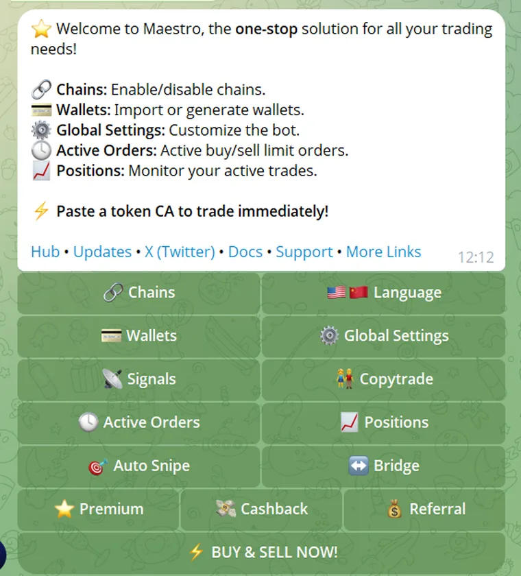 Maestro Telegram bot main menu showing Chains, Wallets, Signals, Copytrade, Auto Snipe, Cashback and Referral buttons